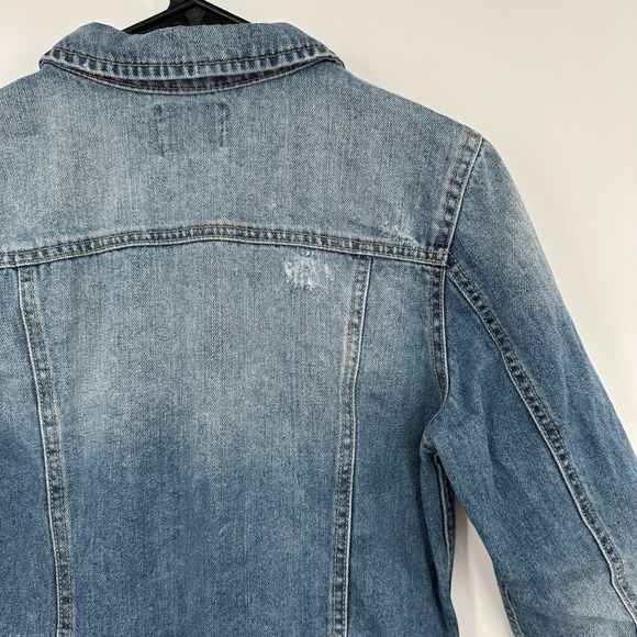 Y2K Bongo Women's Medium Wash Distressed Cropped Denim Trucker Jacket Size Large - Picture 6 of 8